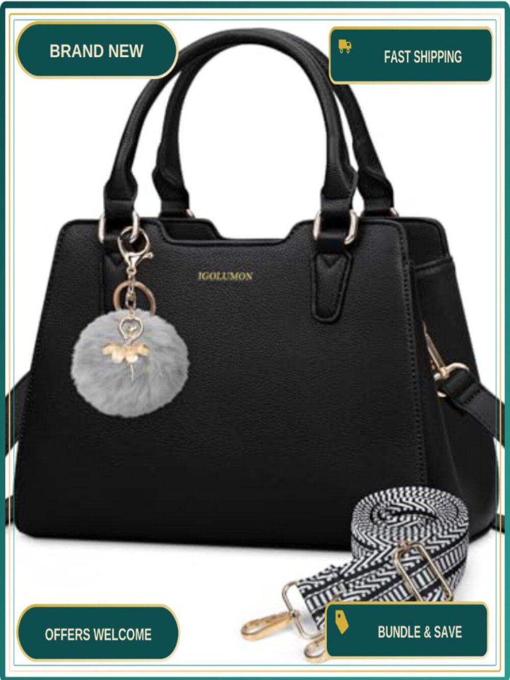 Women's Top-Handle Satchel PU Vegan Leather Tote Purse with Removable Pompom